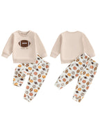 Baby Toddler Boys 2Pcs Game Day Fall Set Long Sleeve Football Embroidery Pullover Top and Pumpkin Print Pants Outfit