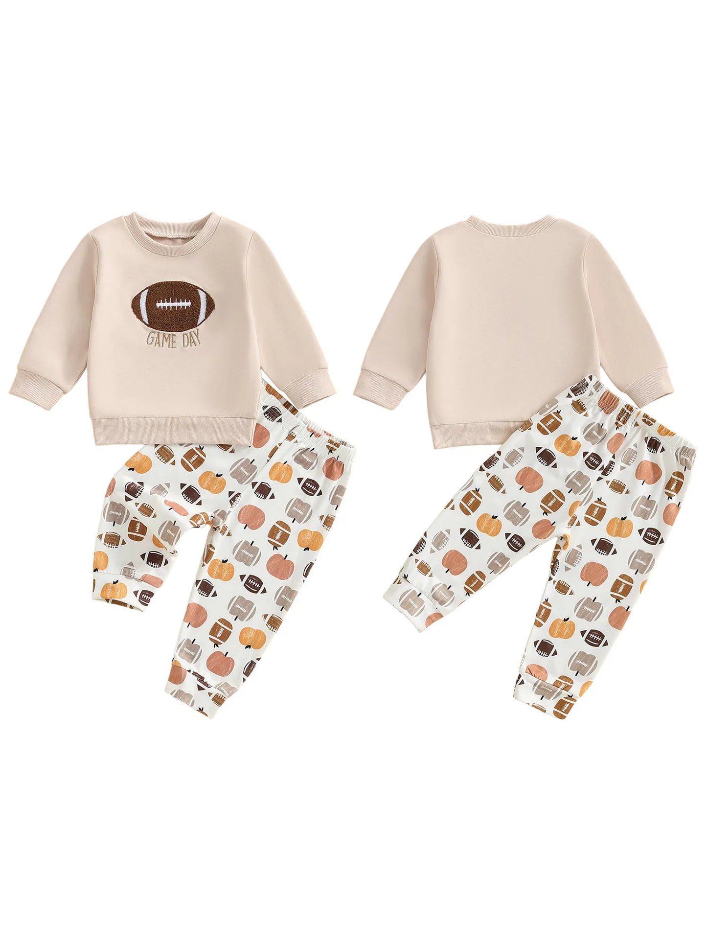 Baby Toddler Boys 2Pcs Game Day Fall Set Long Sleeve Football Embroidery Pullover Top and Pumpkin Print Pants Outfit