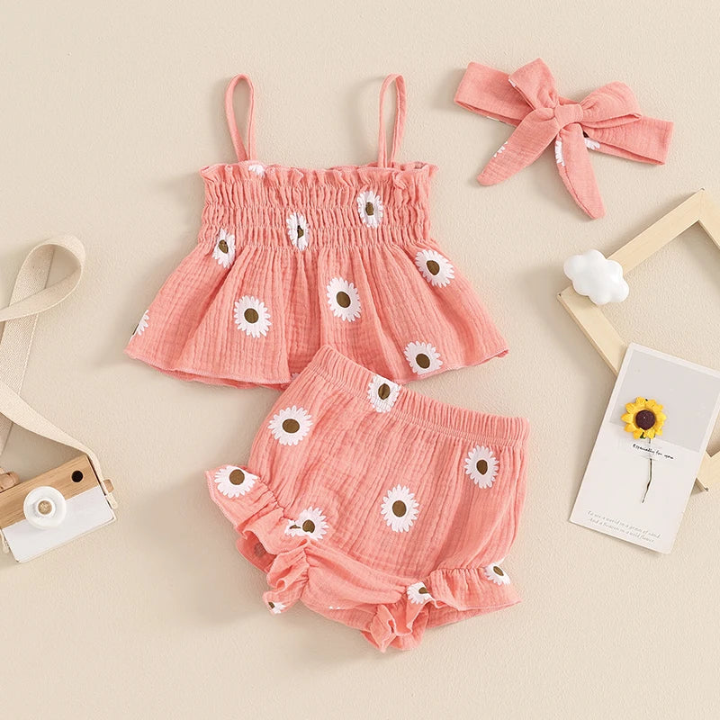 Baby Girls 3Pcs Shorts Set Spaghetti Straps Pleated Flower Print Camisole Top with Shorts Hairband Summer Outfit