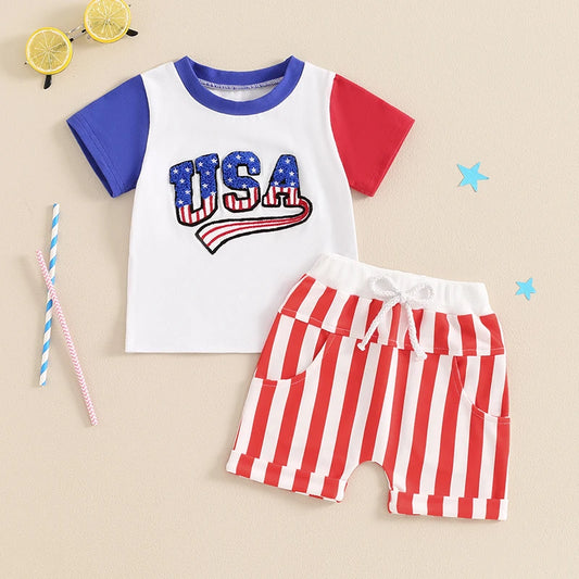 Baby Toddler Boys USA 4th of July Outfit Letter Embroidery Short Sleeve Top with Stripe Shorts for Independence Day Set