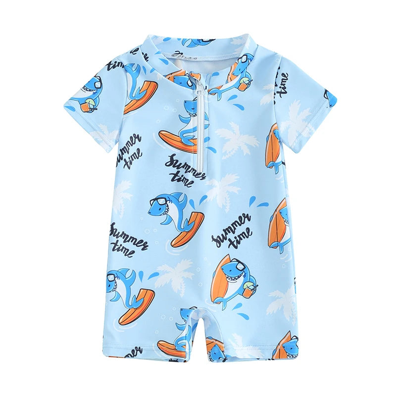 Baby Toddler Boys Swimwear Short Sleeve Cartoon Print Shark Whale Front Zipper Bathing Suit Swimsuit Romper