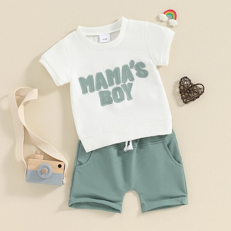 Toddler Baby Boy 2Pcs Mama's Boy Letter Embroidery Short Sleeve Top Solid Shorts Outfit Set