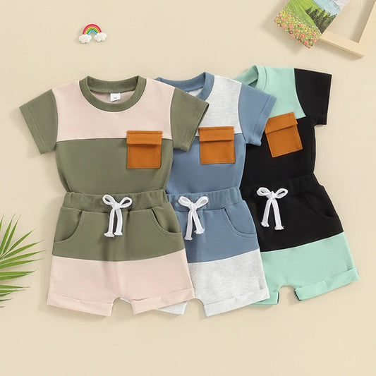 Toddler Baby Boy 2Pcs Spring Summer Outfit Color Block Short Sleeve Pullover Top Pocket Jogger Shorts Clothes Set