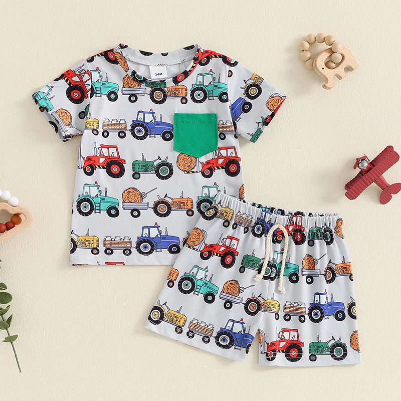 Baby Toddler Boys 2Pcs Farm Outfit Animal Tractor Print Pocket Short Sleeve Top with Elastic Waist Shorts Set