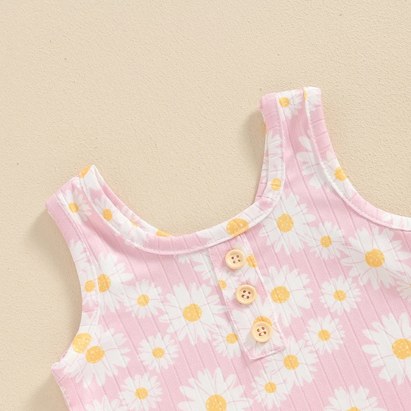 Baby Toddler Girls 2Pcs Daisy Flower Print Sleeveless Crew Neck Tank Top and Matching Shorts Summer Outfit Set