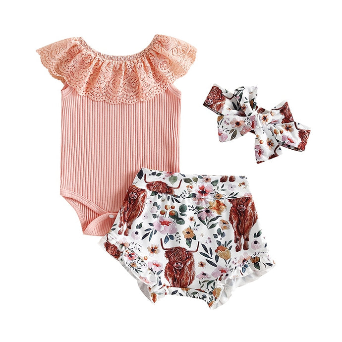 Infant Baby Girls 3Pcs Summer Set Tank Top Lace Romper with Cow or Rainbow Print Shorts and Bow
