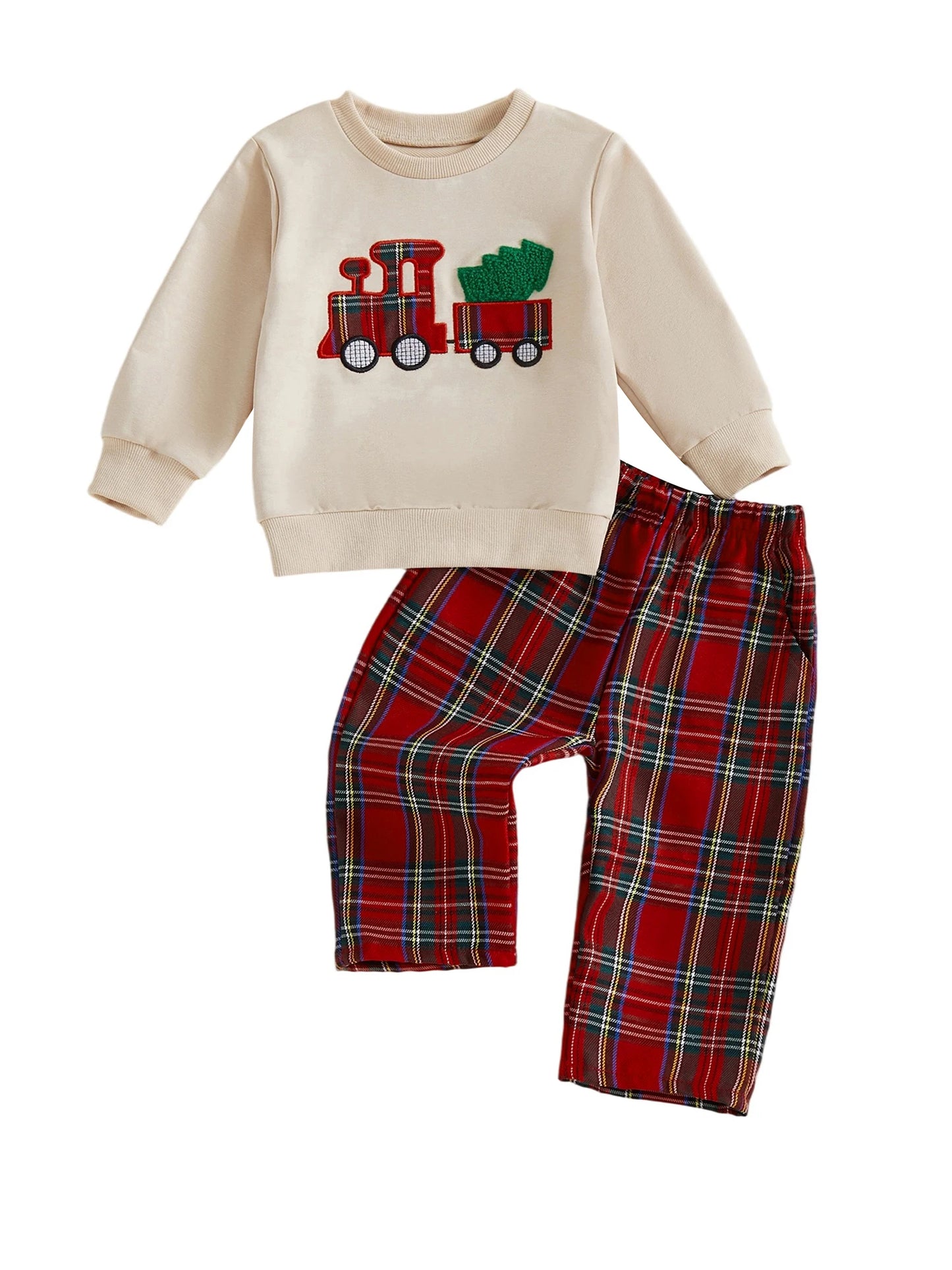 Baby Toddler Boys 2Pcs Christmas Outfits Long Sleeve Train Tree Embroidery Top + Plaid Pants Set Winter Clothes