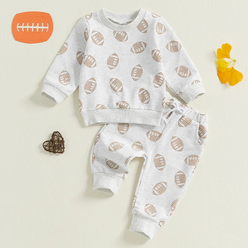 Baby Toddler Boy 2Pcs Fall Outfit Football Print Long Sleeve Top and Elastic Pants Jogger Set