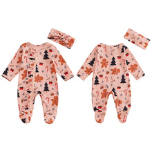 Load image into Gallery viewer, Girls Boys Christmas Jumpsuit Long Sleeve Christmas Tree Gingerbread Candy Cane Print Zipper Waffle Romper with Hat or Bow Headband
