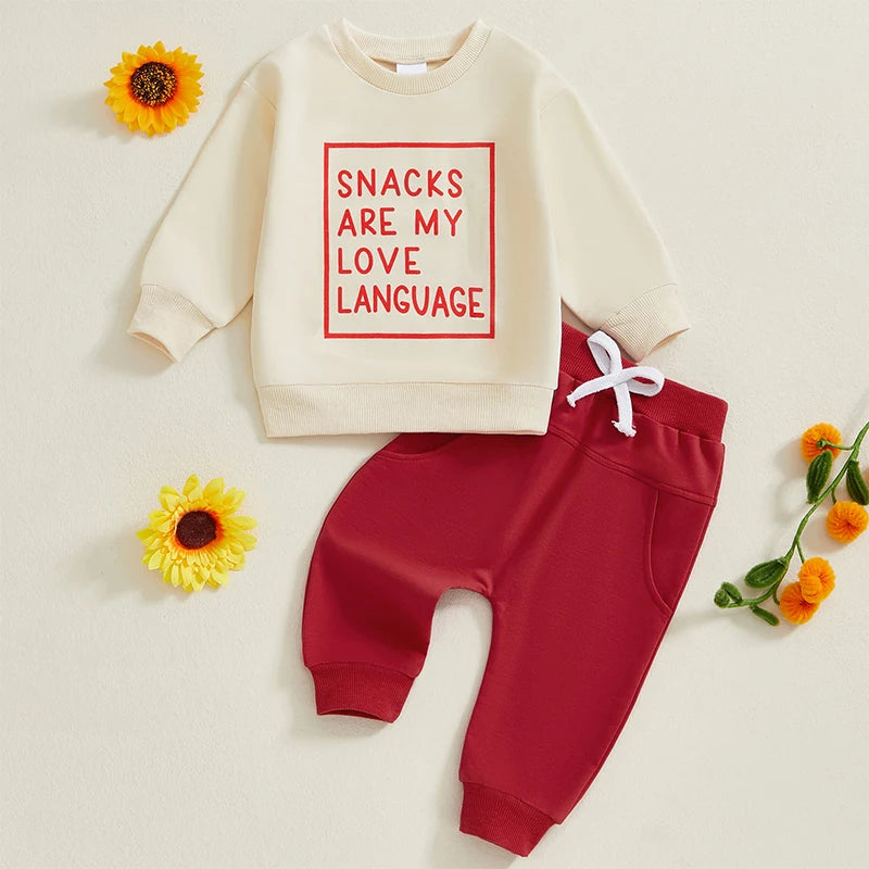 Baby Toddler Boys 2Pcs Snacks Are My Love Language Fall Outfit Letter Print Long Sleeve Top and Long Pants Jogger Set