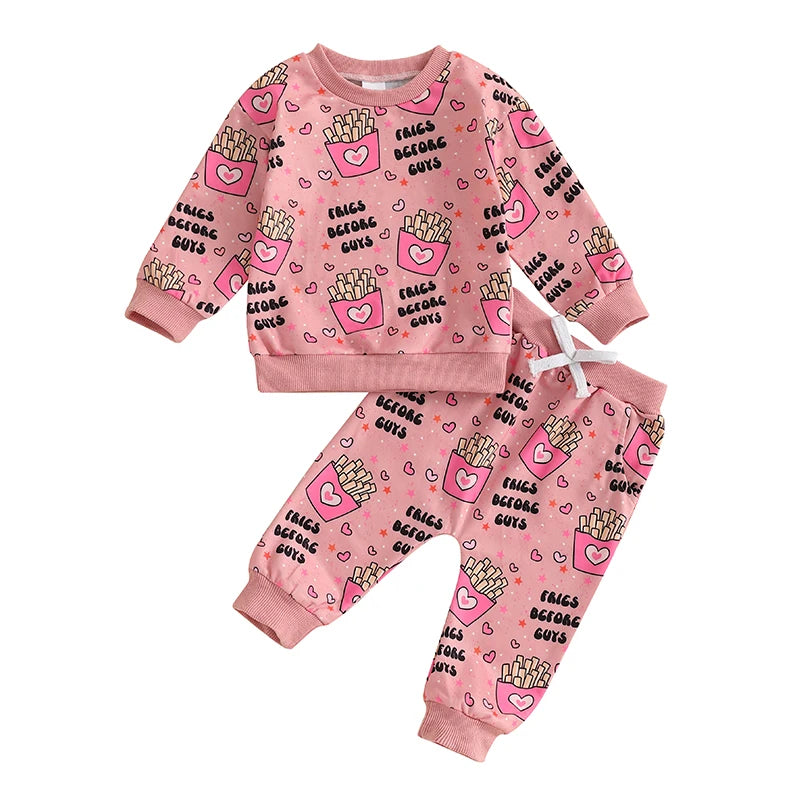 Baby Toddler Girls 2Pcs Fries Before Guys Valentine's Day Outfit French Fries Print Long Sleeve Crewneck Top and Elastic Waist Pants Jogger Set