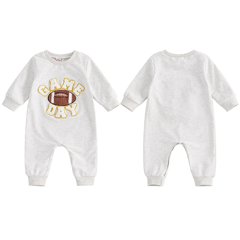 Baby Girl Boy Fall Romper GAME DAY Letter Football Embroidery Long Sleeve Full Length Jumpsuit