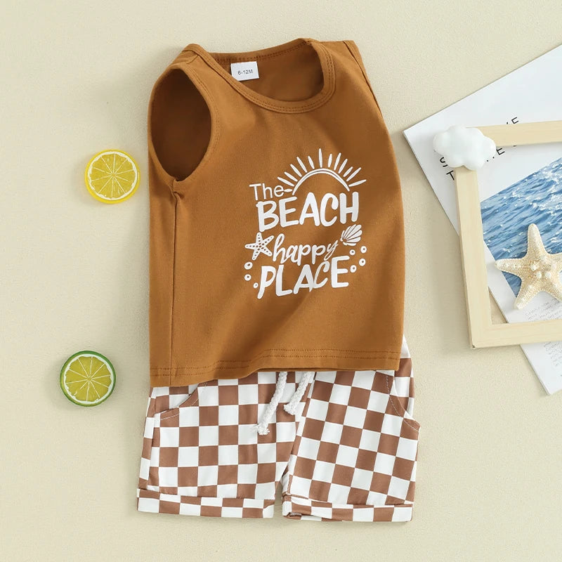 Baby Toddler Boys 2Pcs Beach Bum / The Beach Happy Place / Beach Calling Car Letter Print Sleeveless Tank Top and Checkered Elastic Waist Shorts Clothes Set Outfit