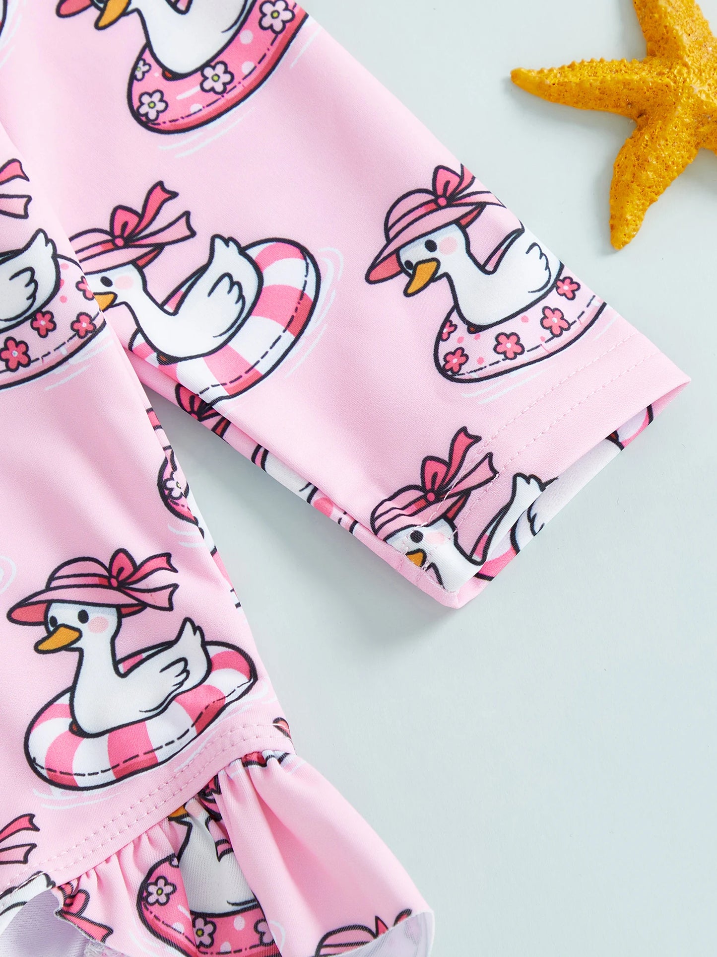 Baby Toddler Girls 2Pcs Swimsuit Set Duck/Shell Print Crew Neck Long Sleeve Zipper Rash Guard Swimwear and Sun Hat