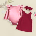 Baby Girls 2Pcs Thanksgiving Christmas Outfits Stripe Long Sleeve Romper Turkey / Santa Embroidery Overalls Dress Headband Set