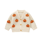 Baby Toddler Boys Girls Knit Cardigan Cute Halloween Pumpkin Embroidery Fall V Neck Long Sleeve Button Up Sweater Top