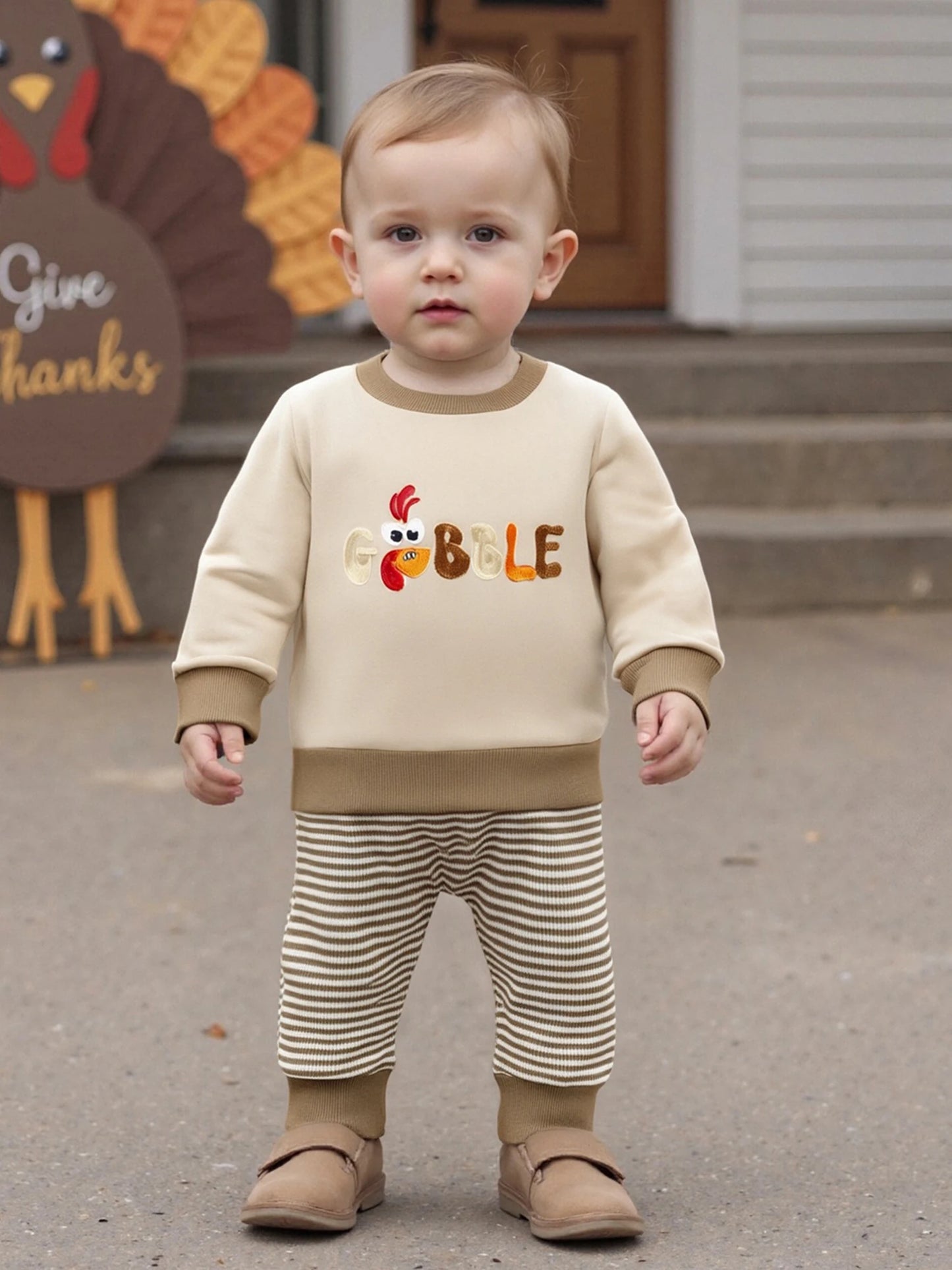 Baby Toddler Boys 2Pcs Jogger Set Long Sleeve Crew Neck Embroidery Gobble Turkey Top with Striped Pants Thanksgiving Clothes
