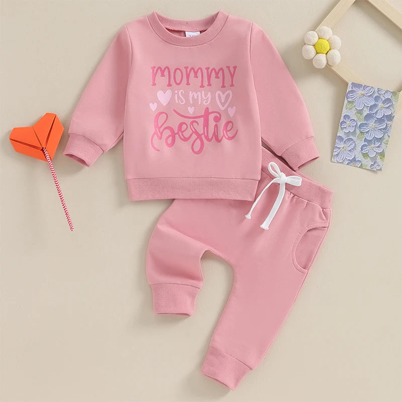 Baby Toddler Girl 2Pcs Outfits Long Sleeve Letters Mama's Bestie / Mommy Is My Bestie Top Jogger Pants Set