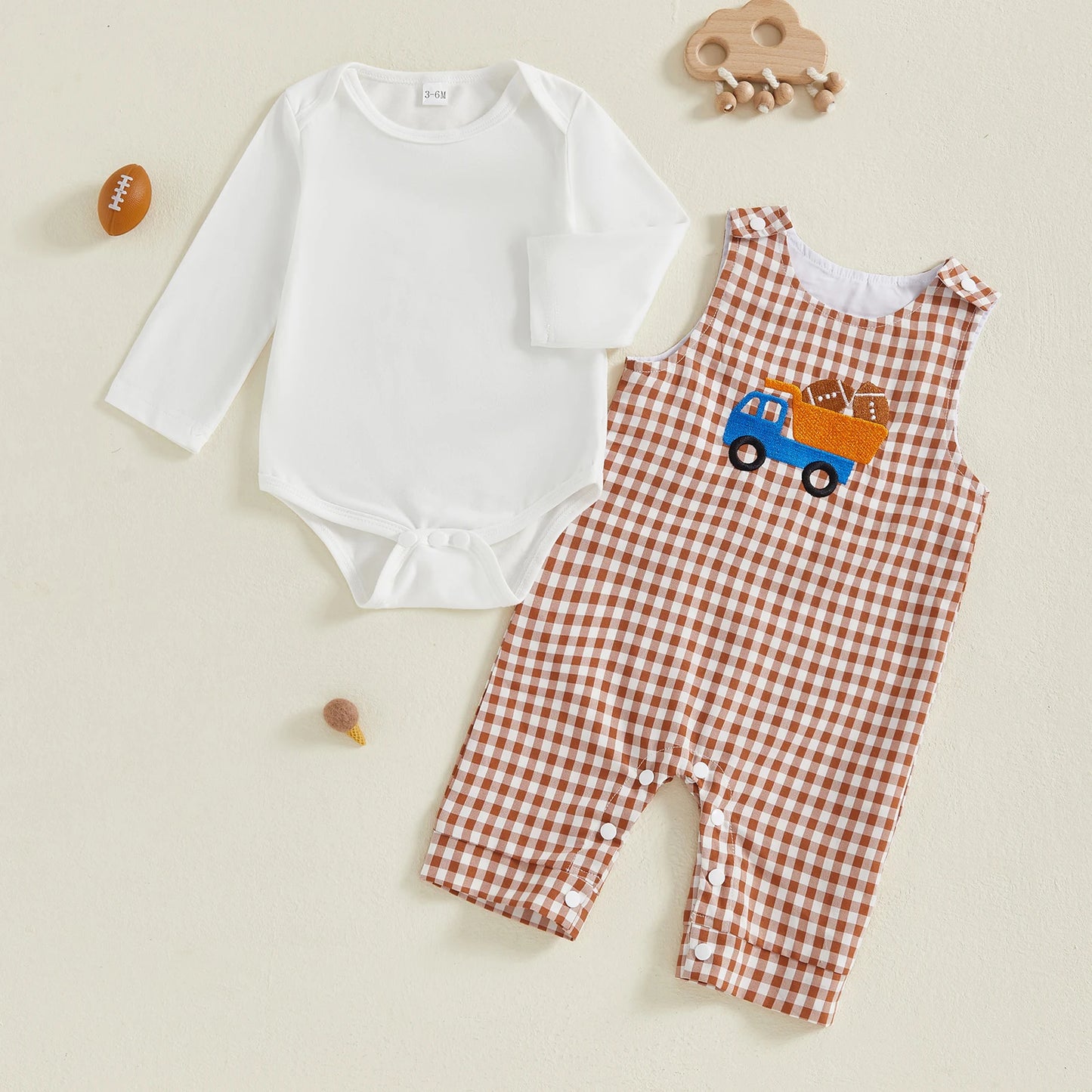 Baby Boy 2Pcs Fall Outfit Crew Neck Long Sleeve Romper and Truck Football Embroidery Plaid Overall Pants Set