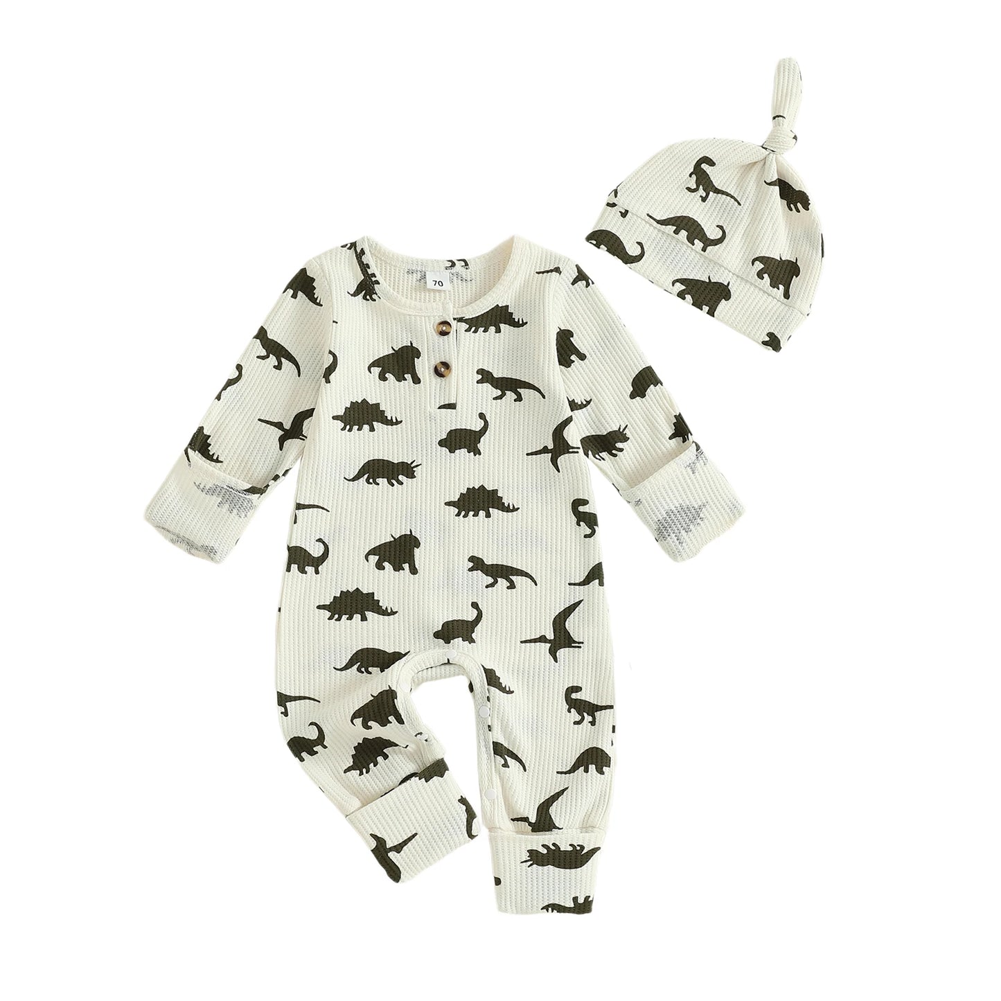 Baby Boys Girls 2Pcs  Jumpsuit Set Long Sleeve Crew Neck Dinosaur Print Fall Casual Romper with Hat