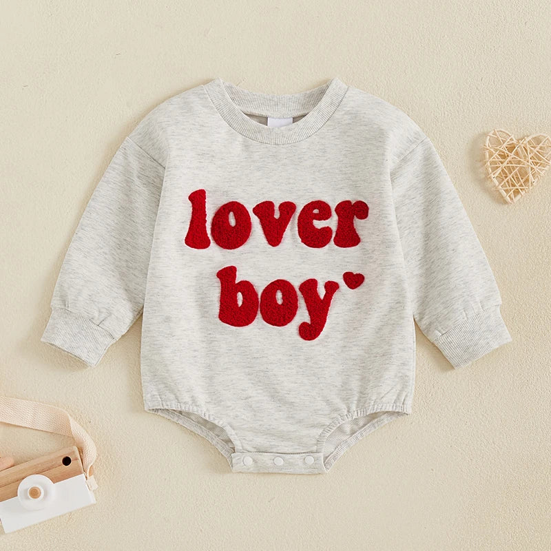 Baby Boys Lover Boy Valentine's Day Bubble Romper Long Sleeve O-Neck Embroidery Letters Valentines Bodysuit