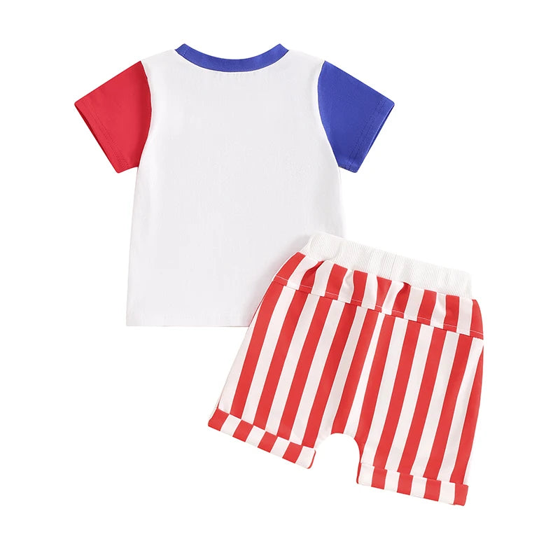 Baby Toddler Boys USA 4th of July Outfit Letter Embroidery Short Sleeve Top with Stripe Shorts for Independence Day Set