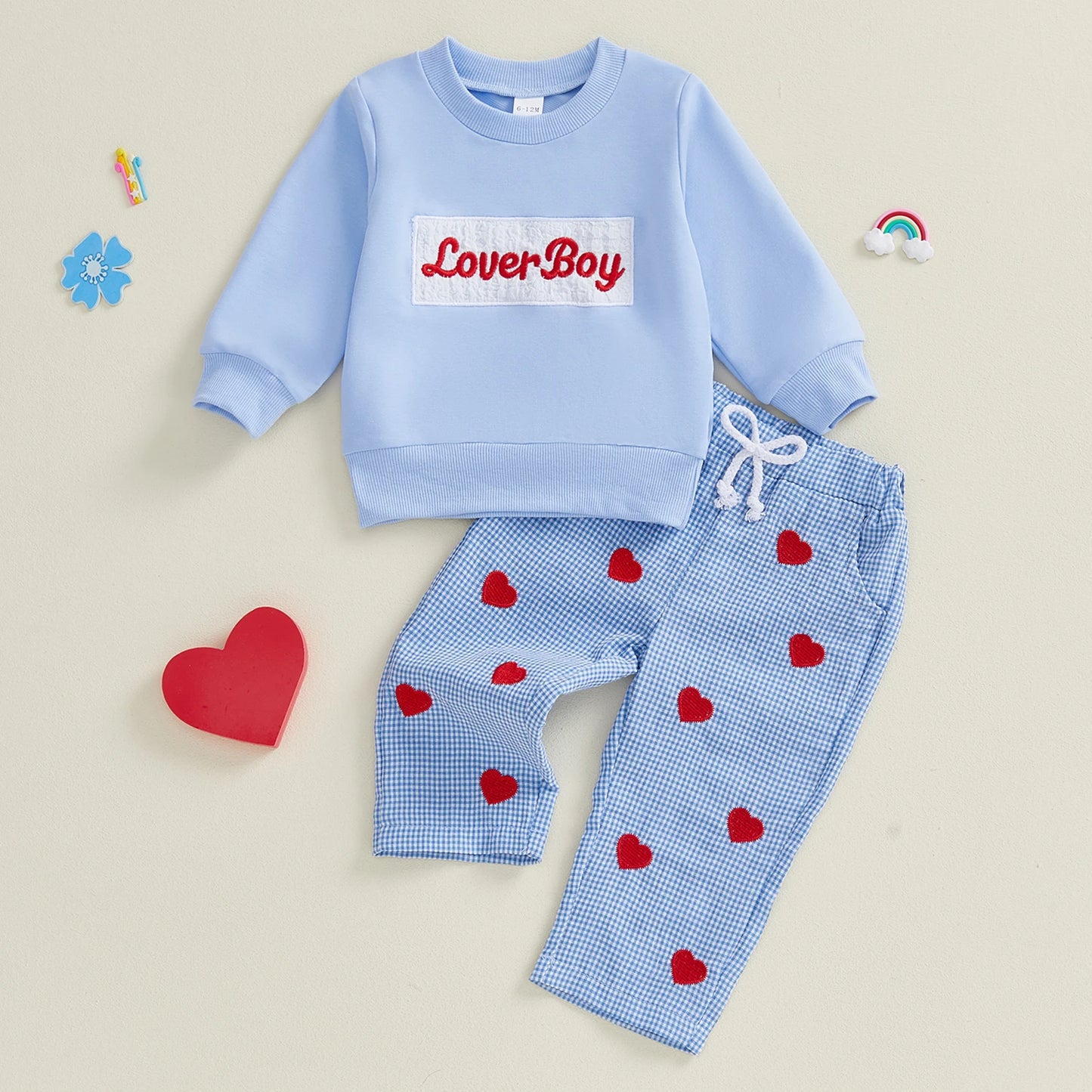 Baby Toddler Boys 2Pcs Lover Boy Valentine's Day Outfit Fashionable Long Sleeve Letters Embroidery Pullover with Plaid Heart Print Pants 2Pcs Clothing Set
