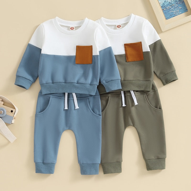 Baby Toddler Boys Girls 2Pcs Fall Outfits Contrast Color Pocket Long Sleeve Top Solid Long Pants Clothes Set