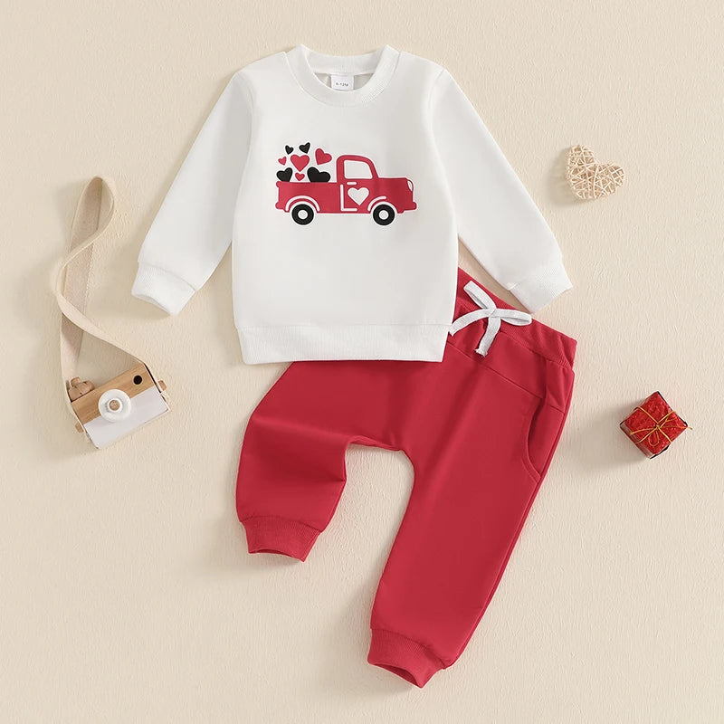 Baby Toddler Boys Girls 2Pcs Valentine's Day Outfit Heart Truck / Infinity You Me / Candy Hearts Print Crew Neck Long Sleeve Top Long Pants Valentines Jogger Set