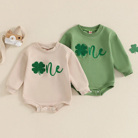 Baby Boys Girls One Spring St. Patrick's Day Birthday Romper Letter Shamrock Embroidery Long Sleeve O-Neck Bubble Jumpsuit