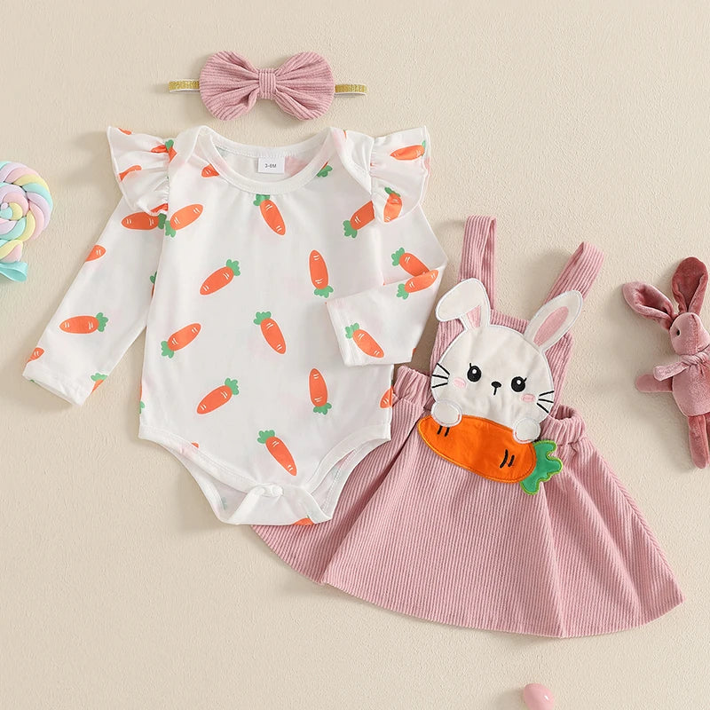 Baby Girls 3Pcs Easter Outfit Long Sleeve Carrot Print Romper Bunny Rabbit Carrot Embroidery Suspender Skirt Dress Headband Bow Set