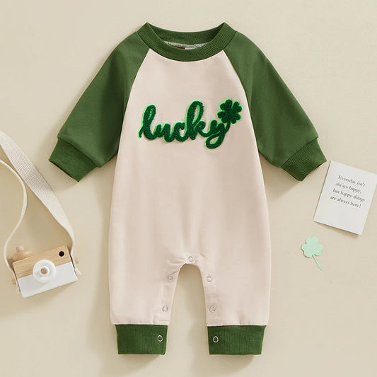 Baby Boy Girl St. Patrick's Day Lucky Shamrock Embroidery Long Sleeve Jumpsuit Romper Spring Clothes