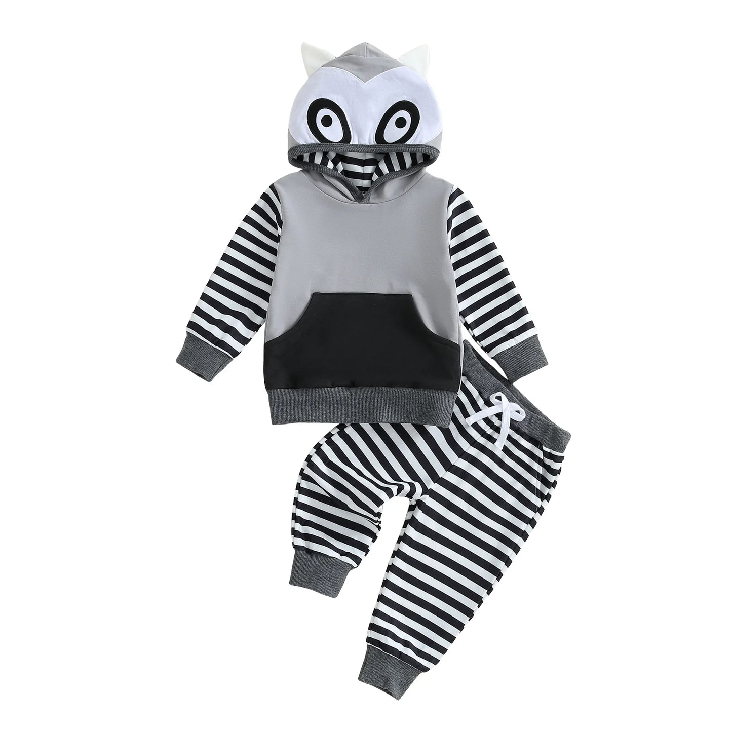 Baby Toddler Boy 2Pcs Fall Outfits Long Sleeve Animal Dinosaur Lemur Hoodies + Elastic Waist Stripe Pants 2Pcs Jogger Set