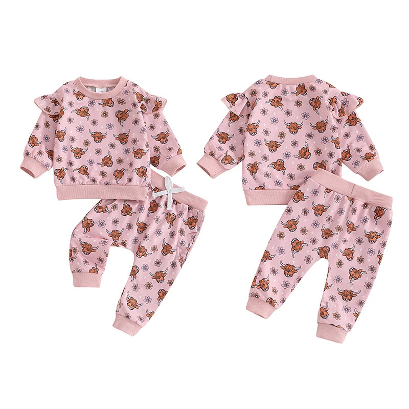 Baby Toddler Girls 2Pcs Fall Set Cattle Print Long Sleeve Round Neck Top Drawstring Pocket Long Pants Outfit