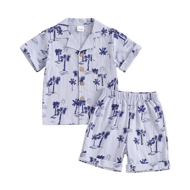 Baby Toddler Boy 2Pcs Summer Outfit Animal Palm Tree Print Lapel Neck Short Sleeve Button Down Shirt Elastic Waist Shorts Set