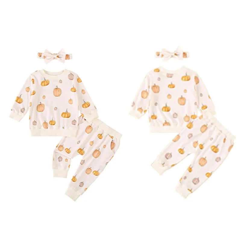 Baby Toddler Girls 3Pcs Halloween Outfit Pumpkin Print Long Sleeve Top Long Pants Headband Fall Set