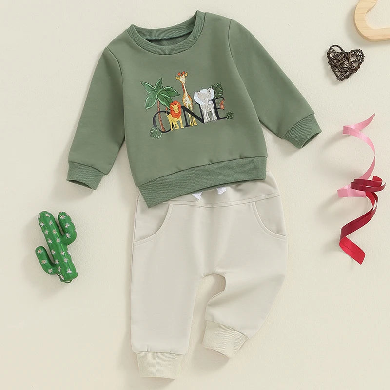 Baby Boys Girls 2Pcs 1st Birthday Outfit Long Sleeve ONE Letter Cowboy Gow Animals Print Top and Solid Color Pants Set