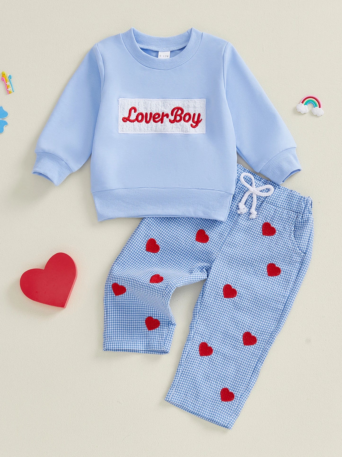 Baby Toddler Boys 2Pcs Lover Boy Valentine's Day Outfit Fashionable Long Sleeve Letters Embroidery Pullover with Plaid Heart Print Pants 2Pcs Clothing Set