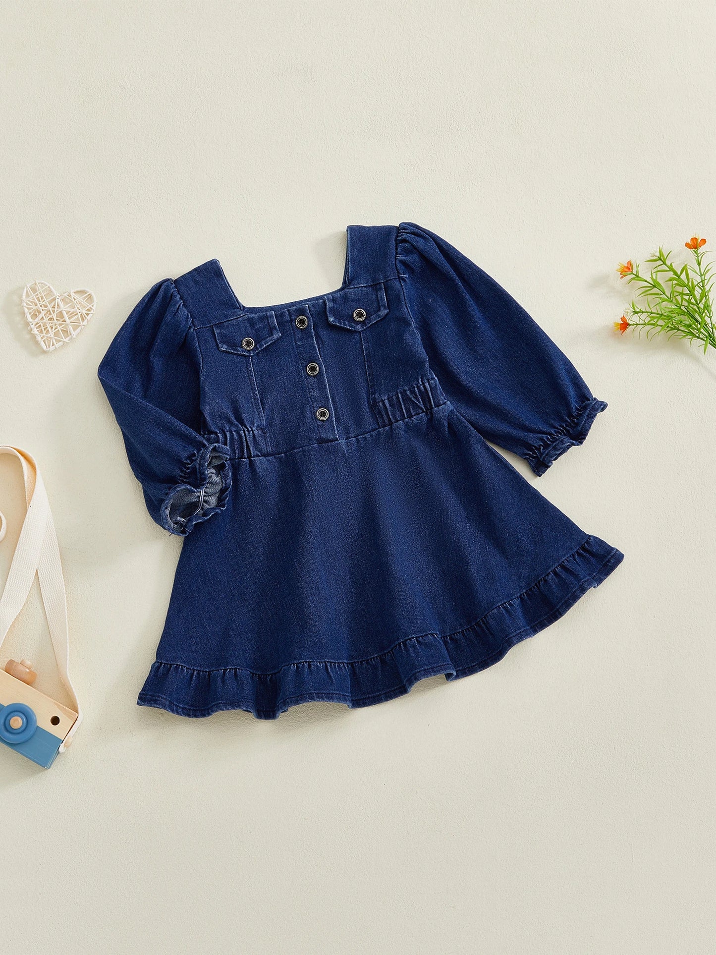 Baby Toddler Girl Denim Dress Long Puff Sleeve Button Down A-Line Dress Ruffle Dress