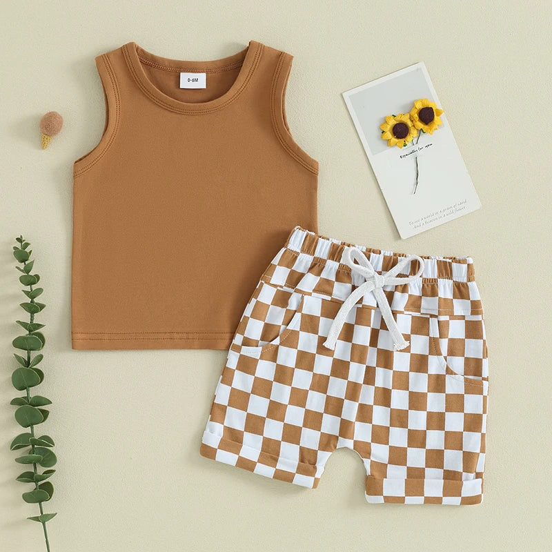 Baby Toddler Boys 2Pcs Clothes Solid Color Sleeveless Tank Top Checkered Shorts Outfit Set