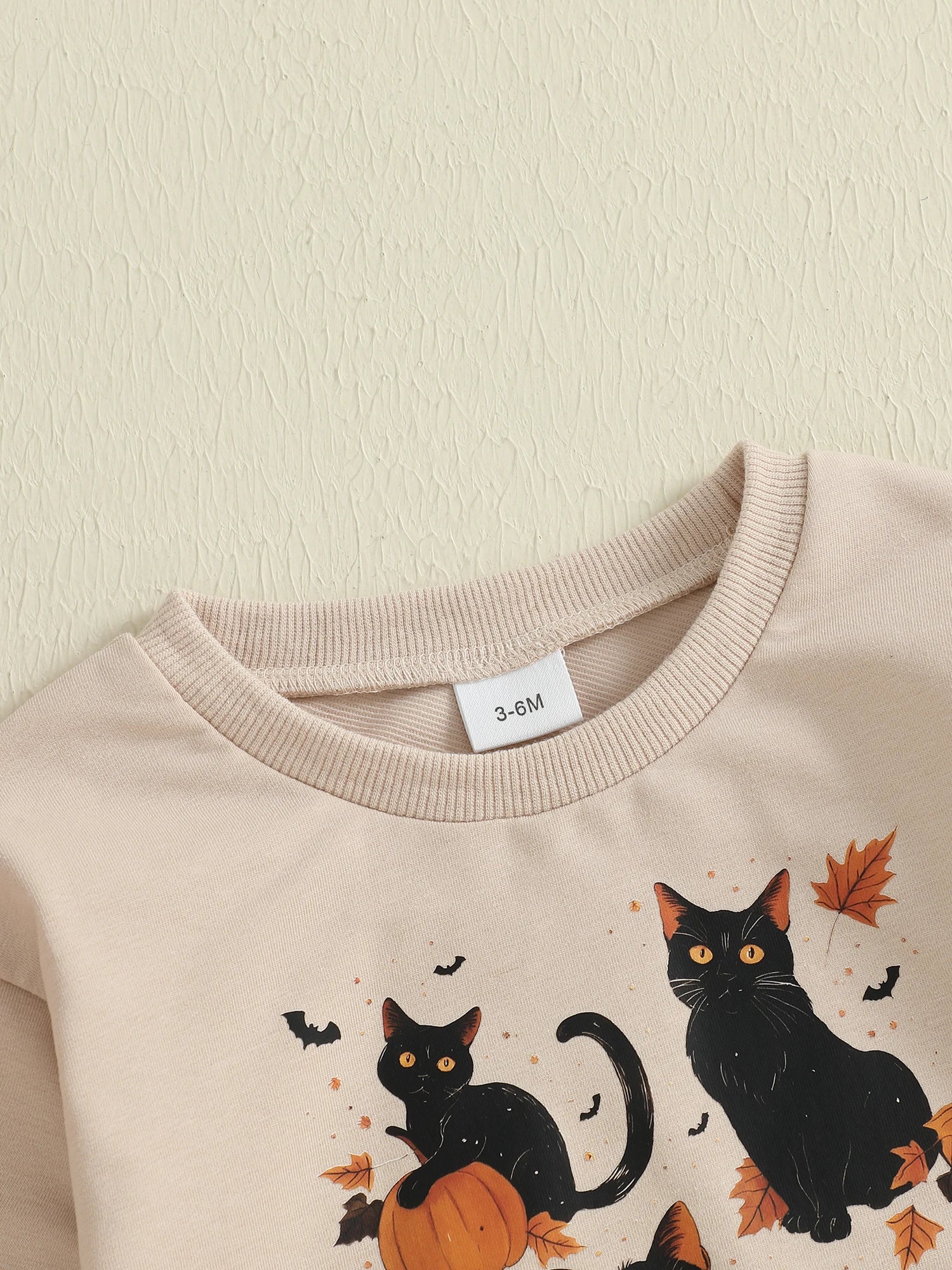 Baby Boys Girls Halloween Bubble Romper Long Sleeve Round Neck Black Cat Ghost Print Romper Fall Playsuit