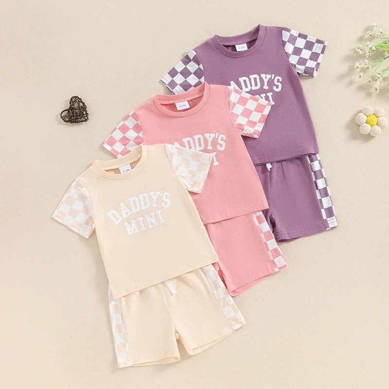 Baby Toddler Girl 2Pcs Daddy's Mini Summer Outfit Letter Print Checkerboard Short Sleeve Top with Elastic Waist Shorts Clothes Set