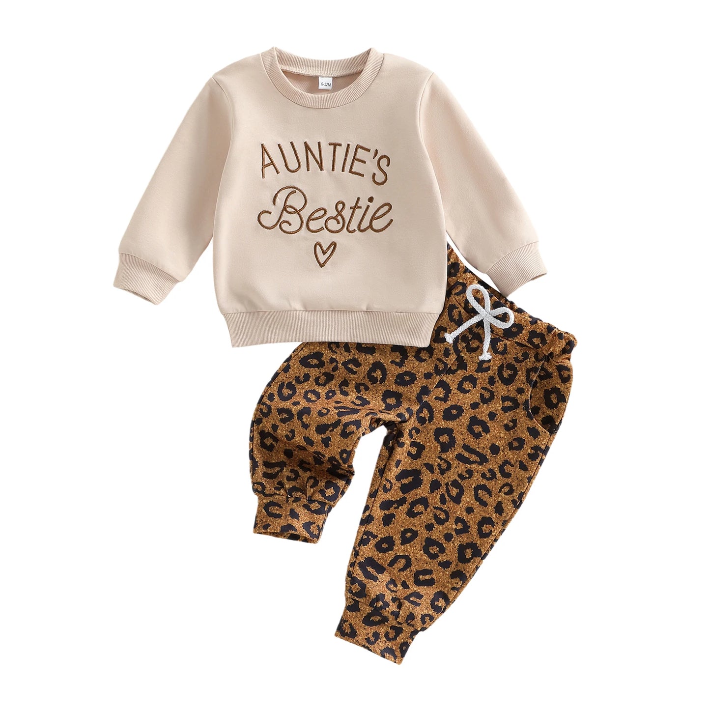 Baby Toddler Girls 2Pcs Auntie's Bestie Spring Outfit Letter Embroidery Long Sleeve Round Neck Pullover Top + Leopard Pants Jogger Set