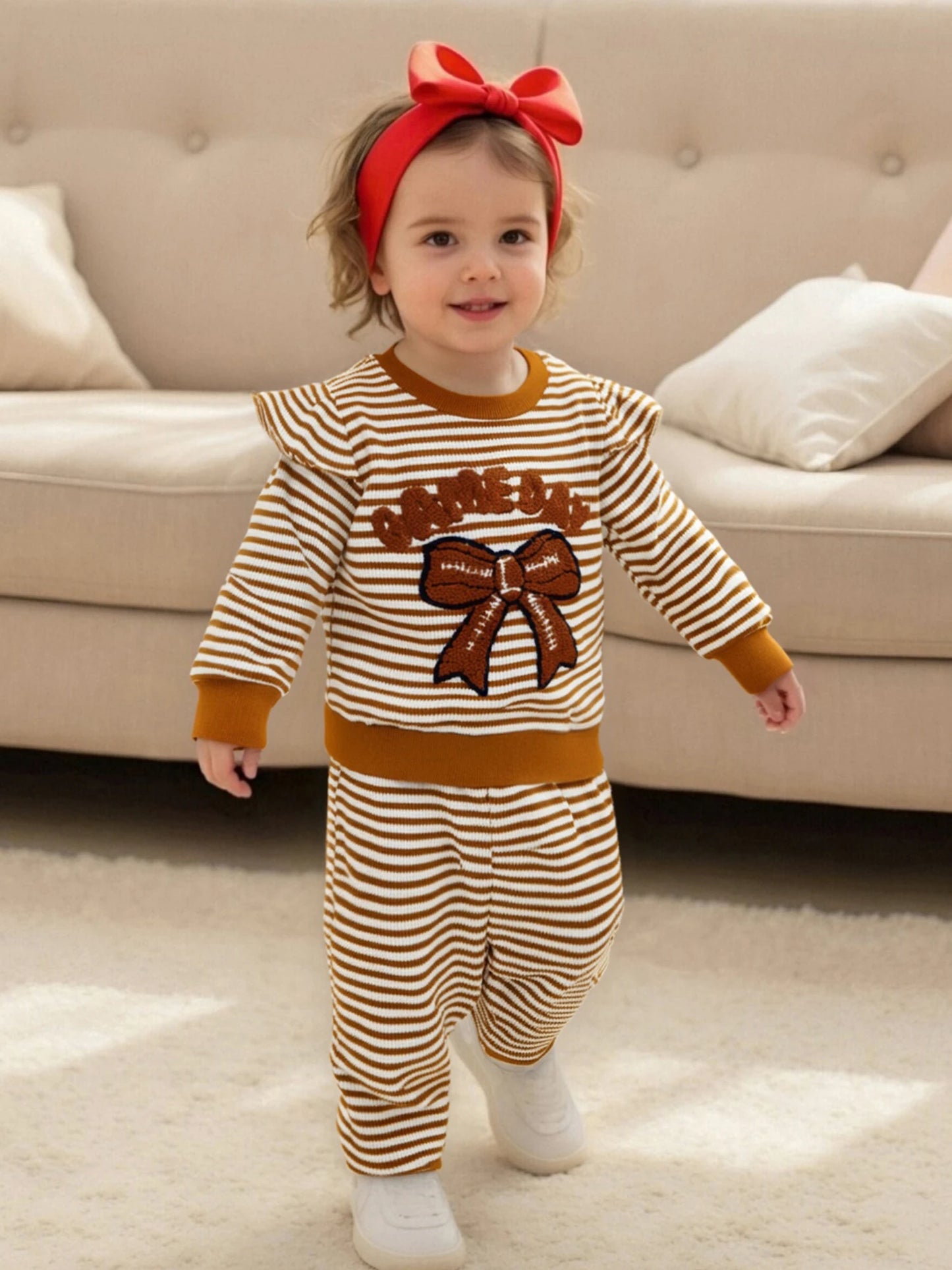 Baby Toddler Girls 2Pcs Game Day Fall Outfits Letter Bow Embroidered Striped Crew Neck Long Sleeve Top with Jogger Pants 2Pcs Set
