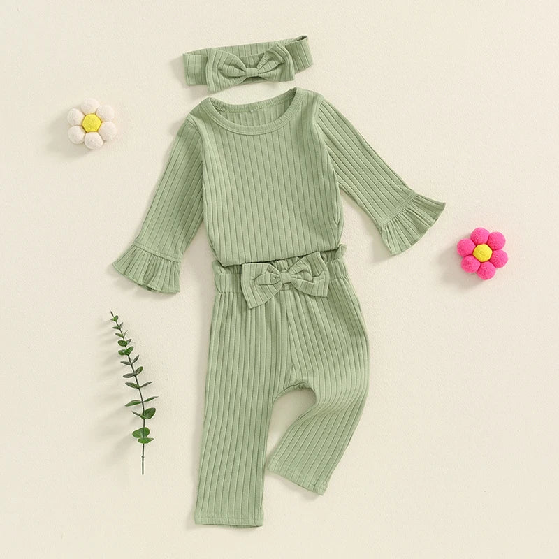 Baby Toddler Girls 3Pcs Outfit Long Flared Sleeve Round Neck Solid Color Top Ribbed Pants Headband Set