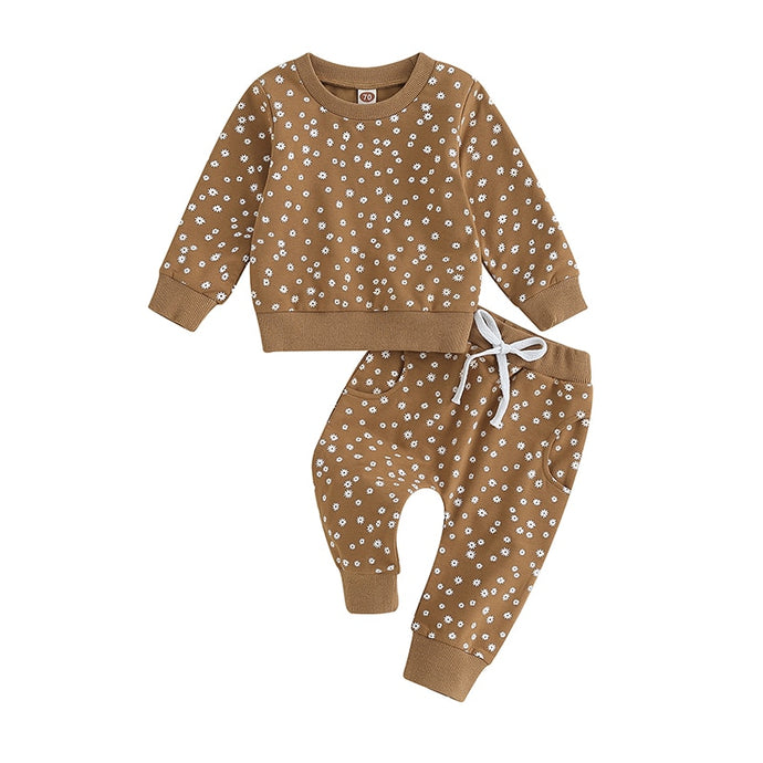 Baby Toddler Girls 2 Pcs Fall Outfit Flower Print Long Sleeve Crew Neck Top Pants