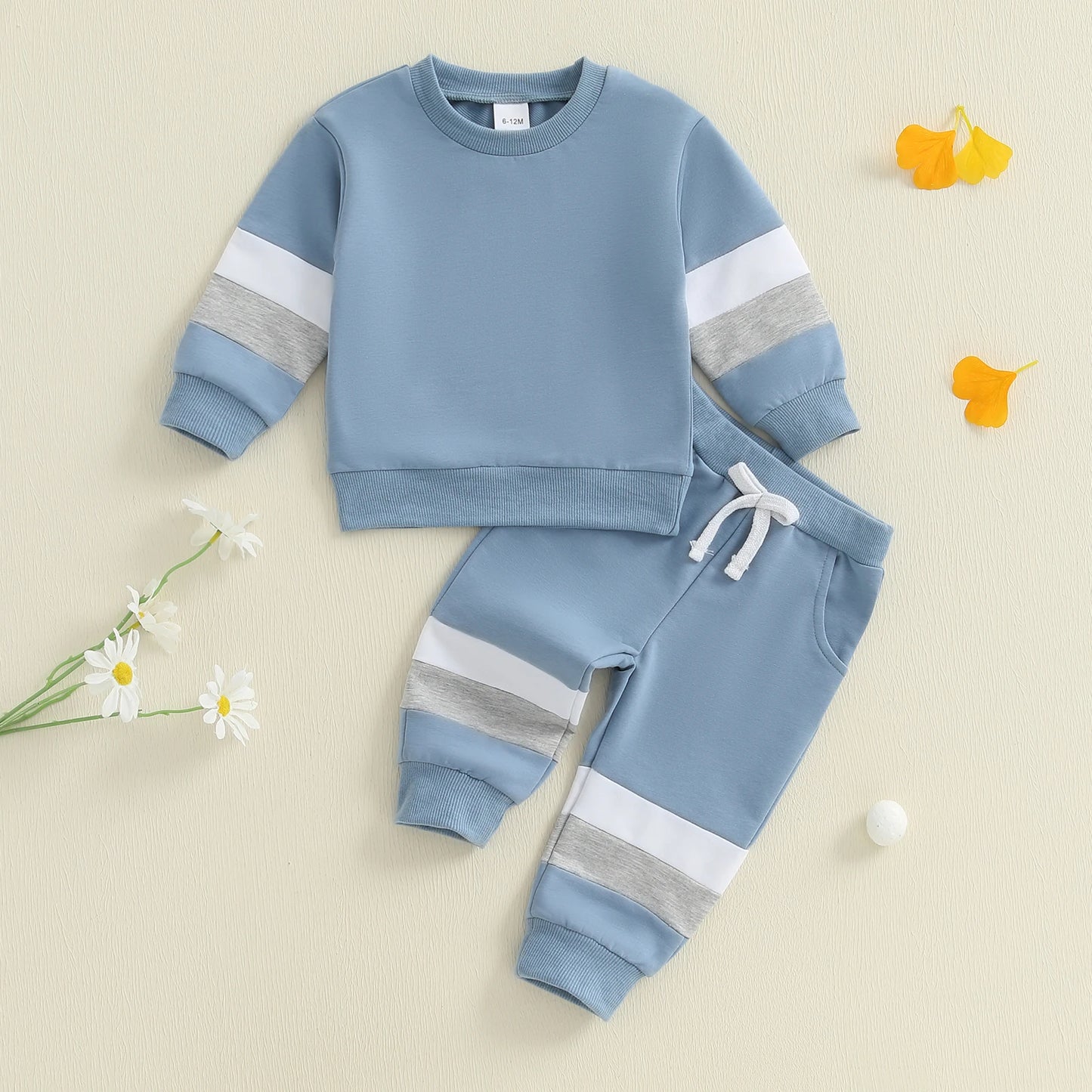 Baby Toddler Boys 2Pcs Casual Clothes Set Color Patchwork Long Sleeve Pullover Top with Elastic Waist Jogger Pants