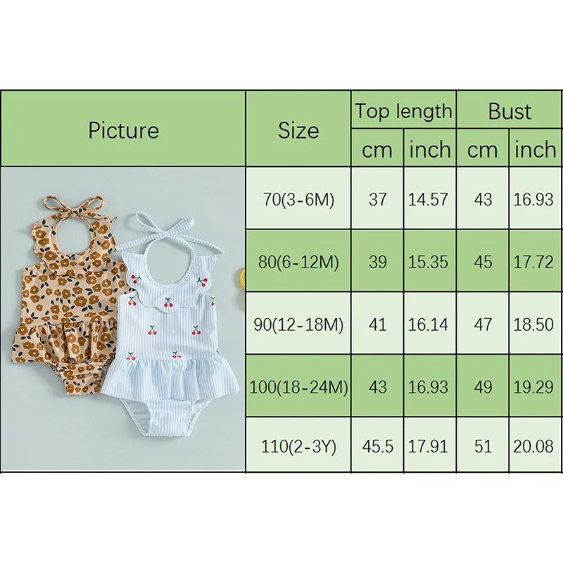 Baby Girls Halter Neck Swimwear Floral Cherry Print Romper Dress Bathing Suit Ruffled Beachwear