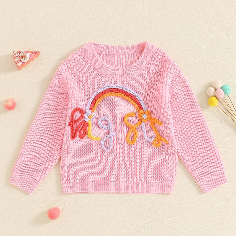 Toddler Kids Girls Big Sis Sweater Casual Rainbow Letter Embroidery Warm Knitted Long Sleeve Pullover Knitwear Top