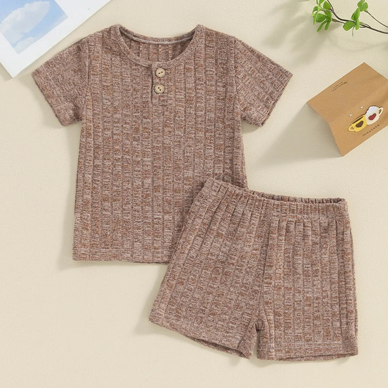 Baby Toddler Boy Girl 2Pcs Summer Clothes Plain Color Ribbed Knit Short Sleeve Button Top Elastic Waist Shorts Set Casual